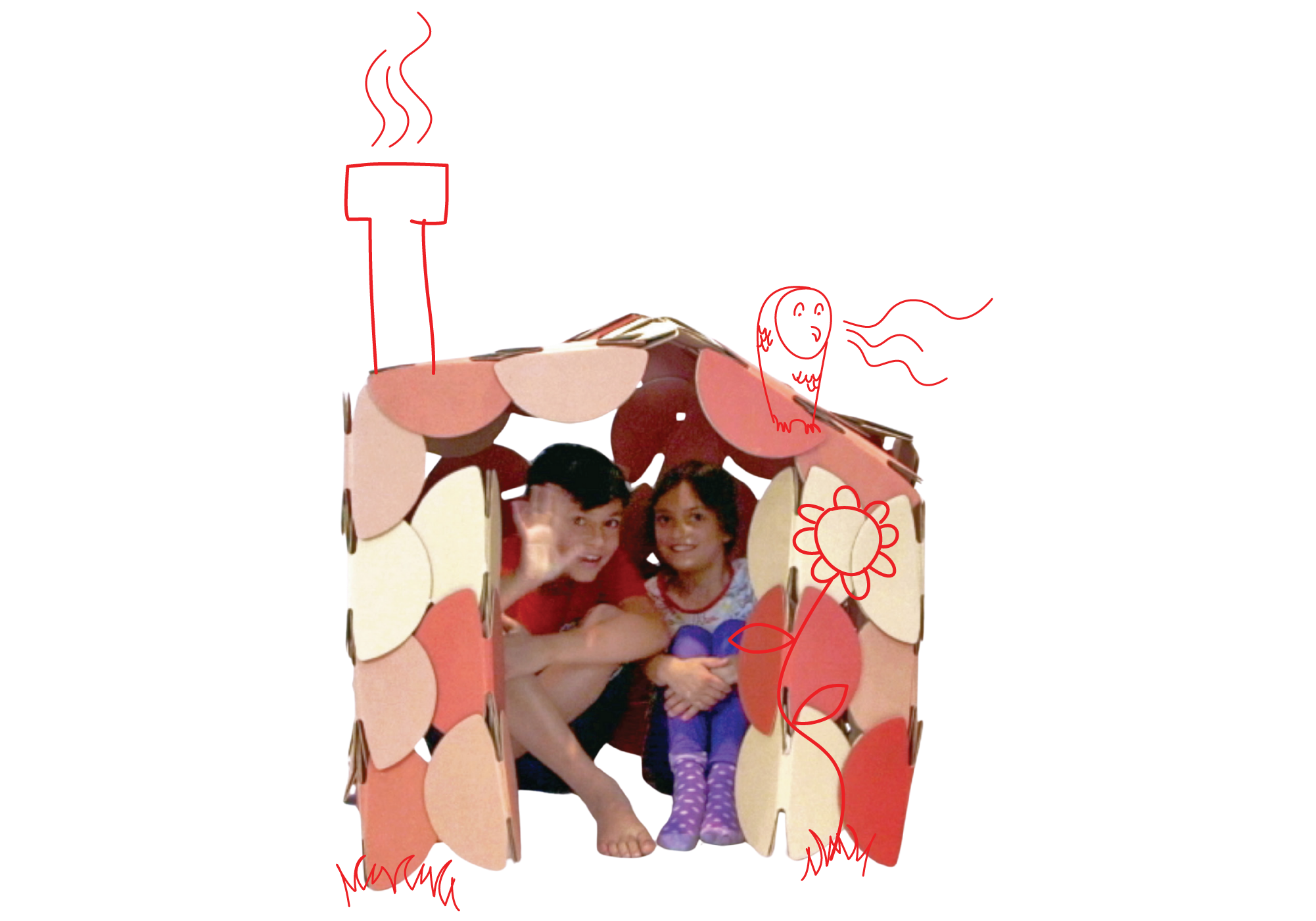 Two children playing in a den made out of prototype noook play® discs.