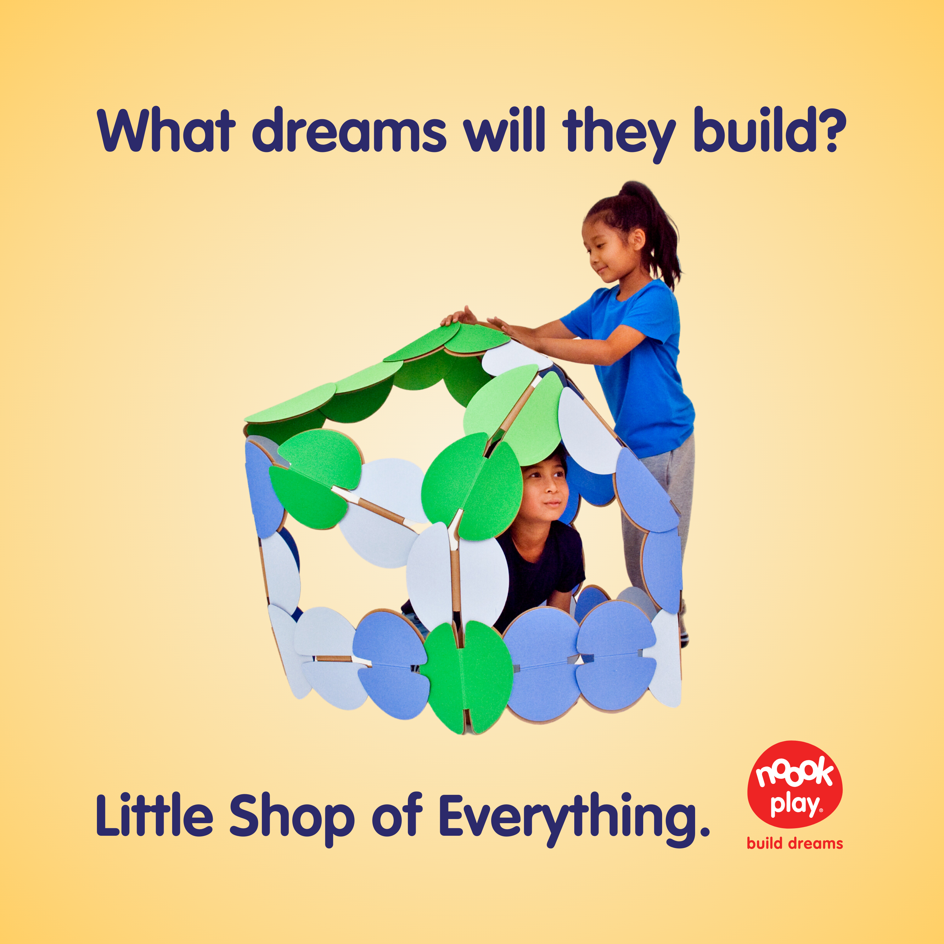 What dreams will you build with noook play®? These kids have made a den they call The Little Shop of Everything, so they can pretend to be shopkeepers!