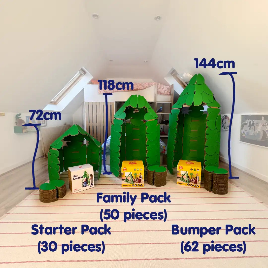 The same Guard Hut build made three times, from the 30, 50 and 62 piece packs, shown beside bunk beds.