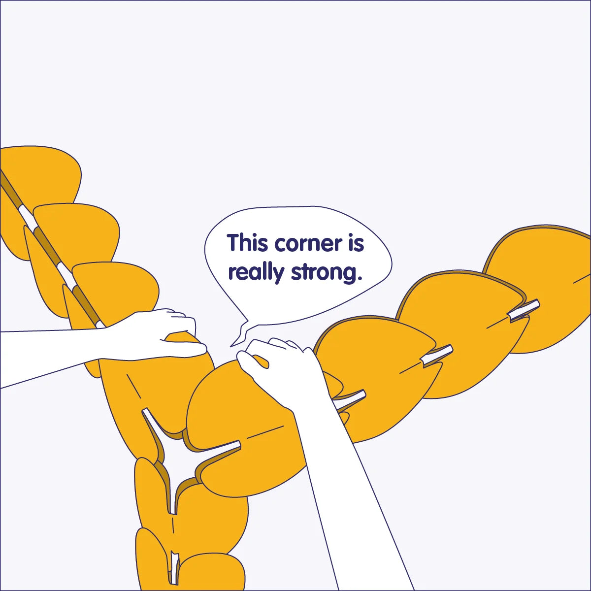 Child reinforces a strong corner made from noook play® discs, exploring structure and problem-solving