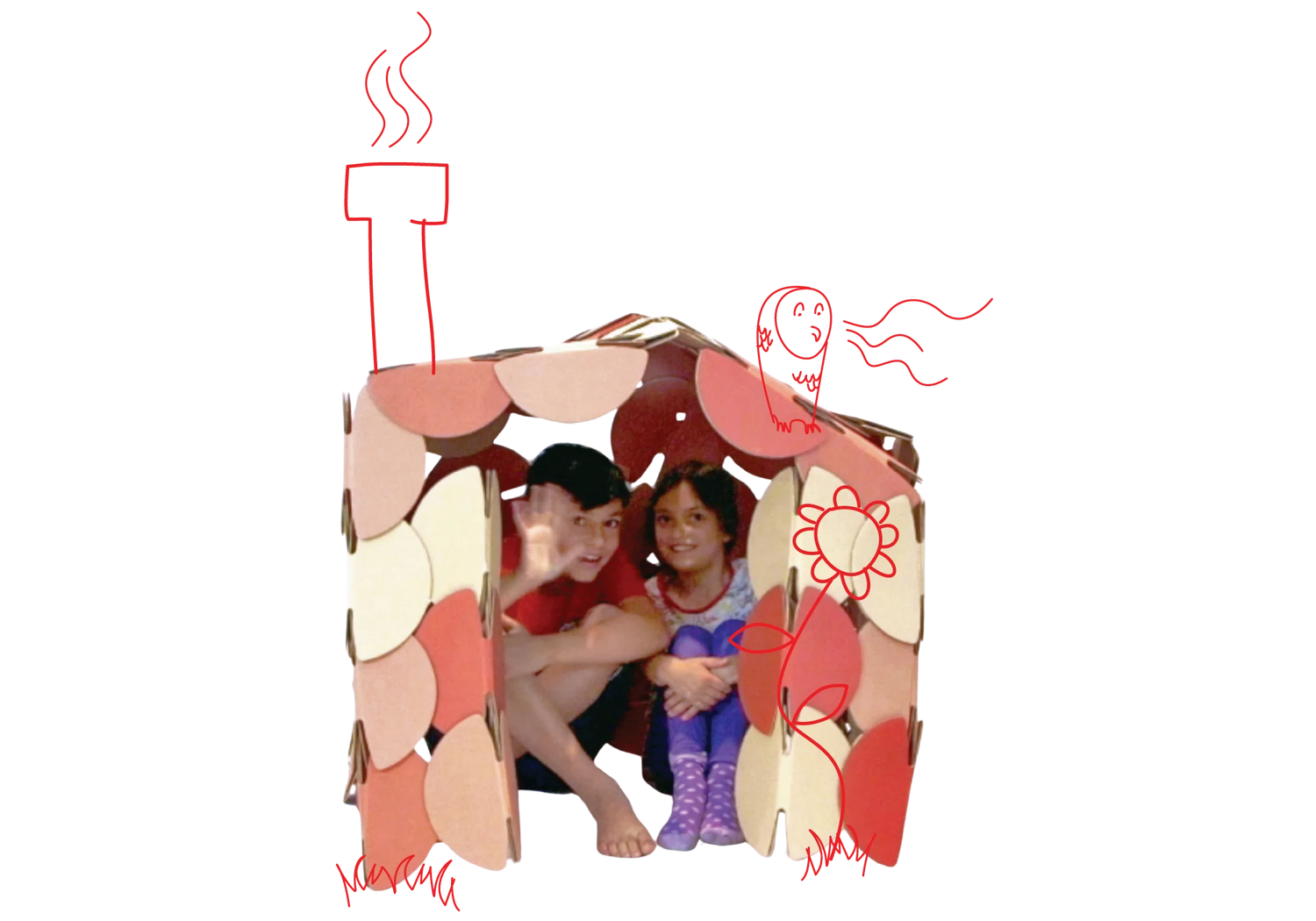 Two children playing in a den made out of prototype noook play® discs.