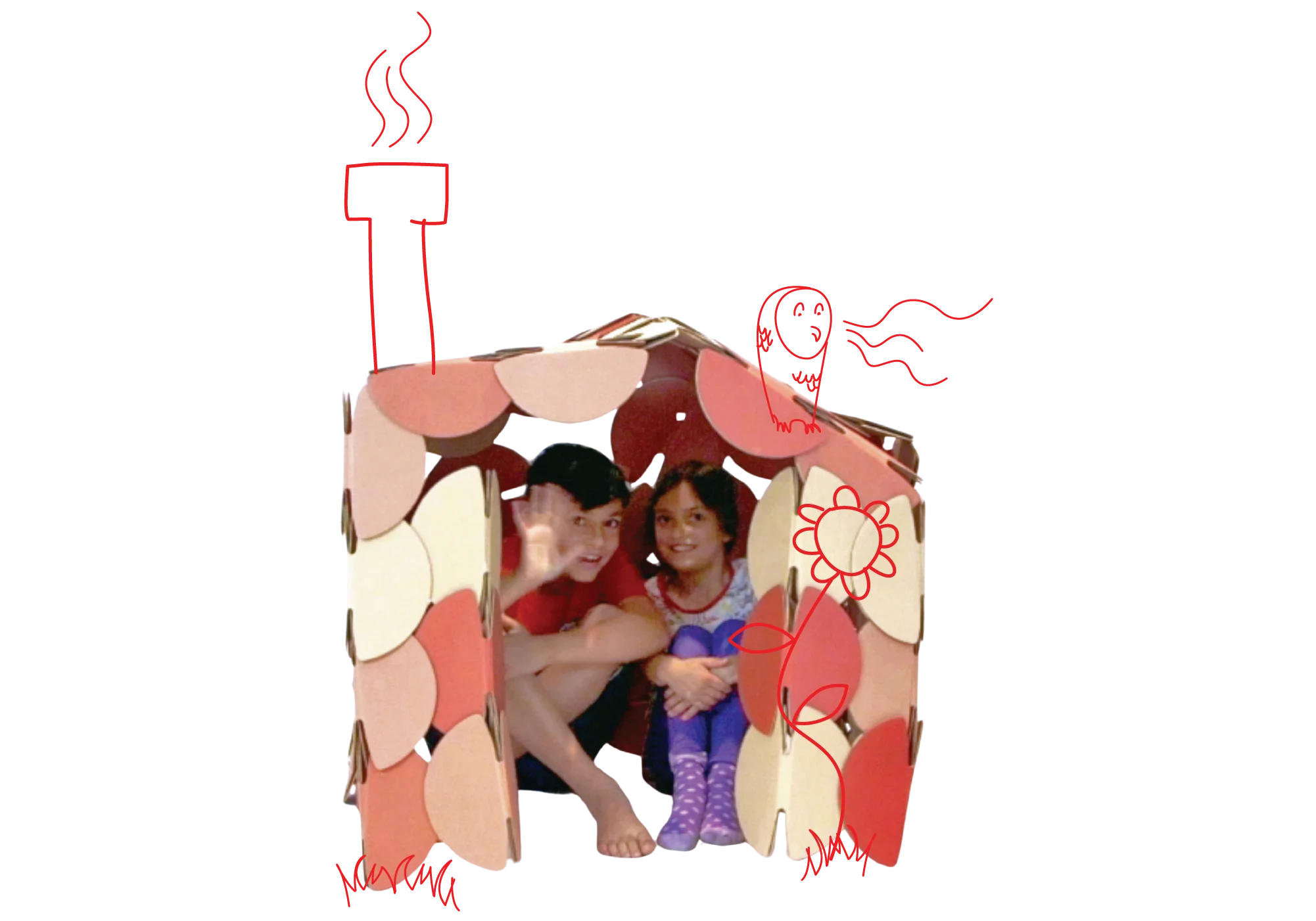 Two children playing in a den made out of prototype noook play® discs.