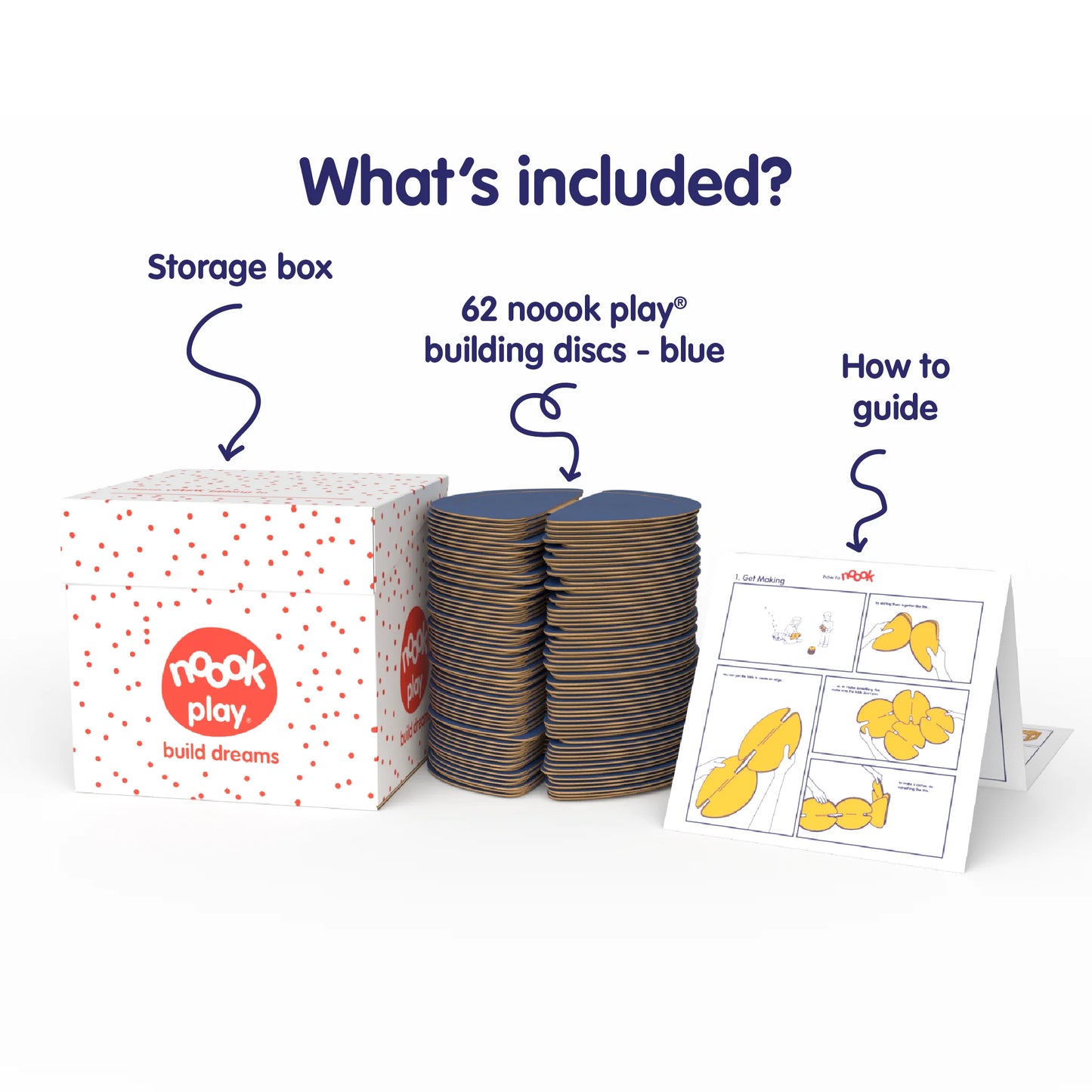 The nook play® Bumper Pack contains 62 building discs, a how to guide, an inspiration booklet and a storage box