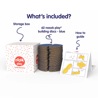 The nook play® Bumper Pack contains 62 building discs, a how to guide, an inspiration booklet and a storage box