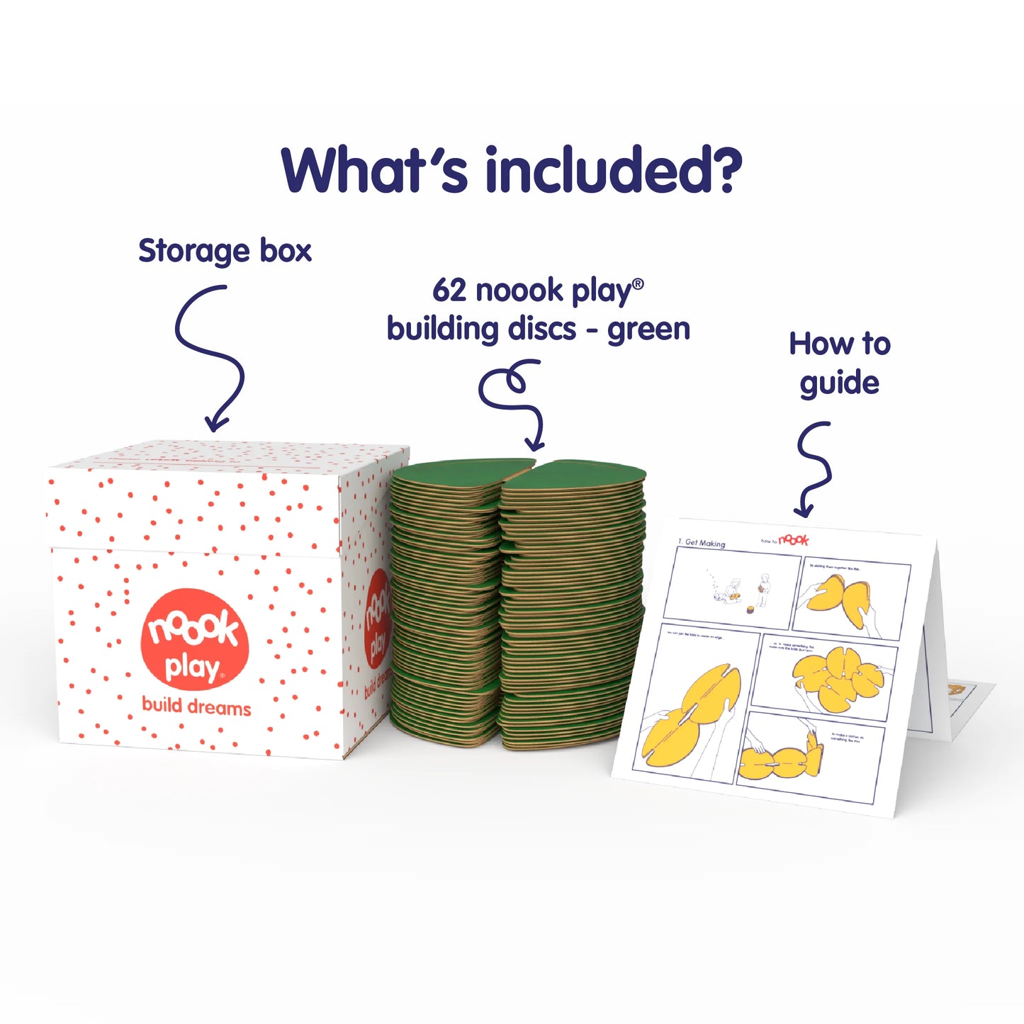 The nook play® Bumper Pack contains 62 building discs, a how to guide, an inspiration booklet and a storage box