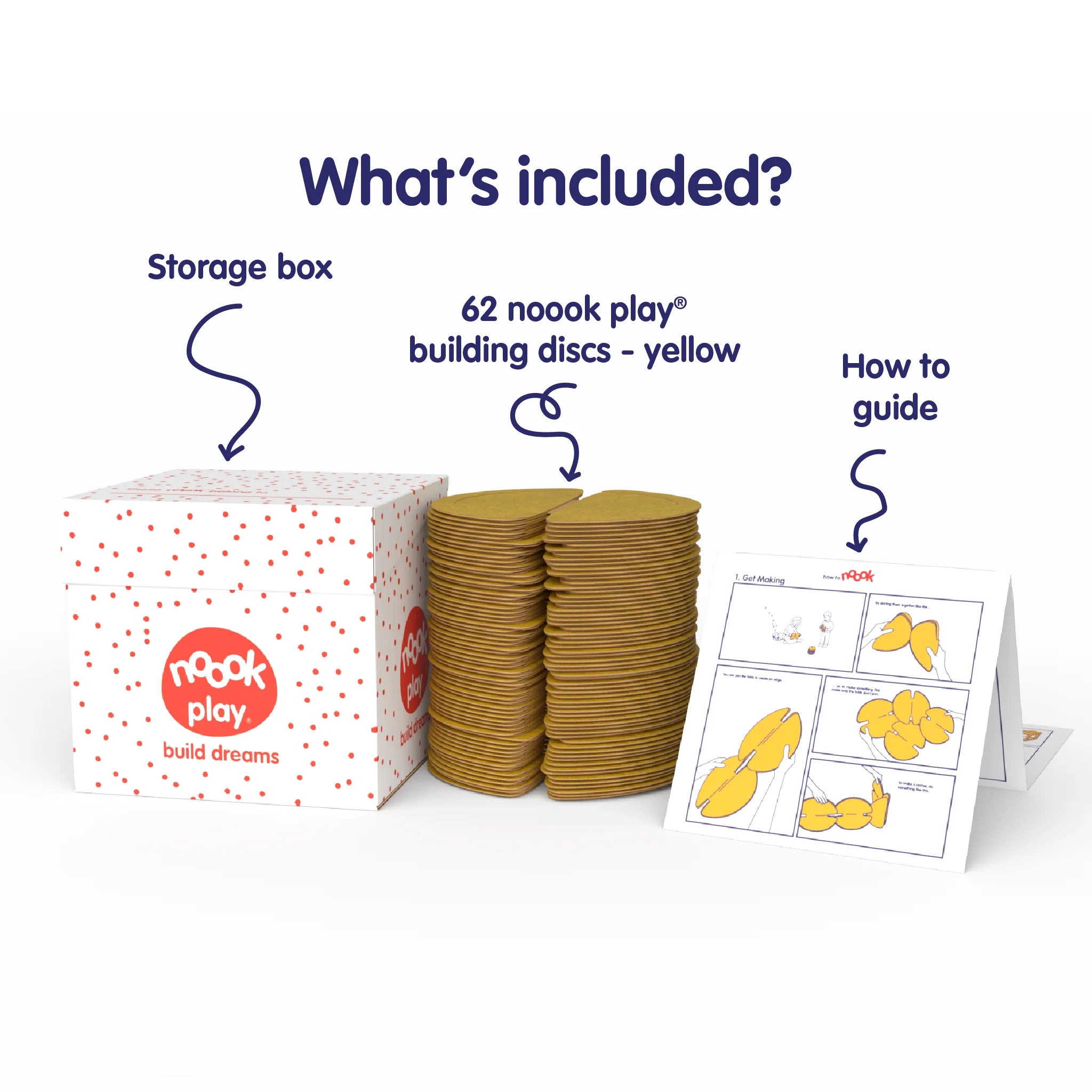 The nook play® Bumper Pack contains 62 building discs, a how to guide, an inspiration booklet and a storage box