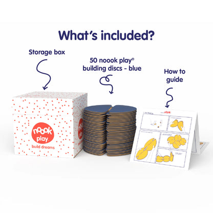 The nook play® Family Pack contains 50 building discs, a how to guide, an inspiration booklet and a storage box