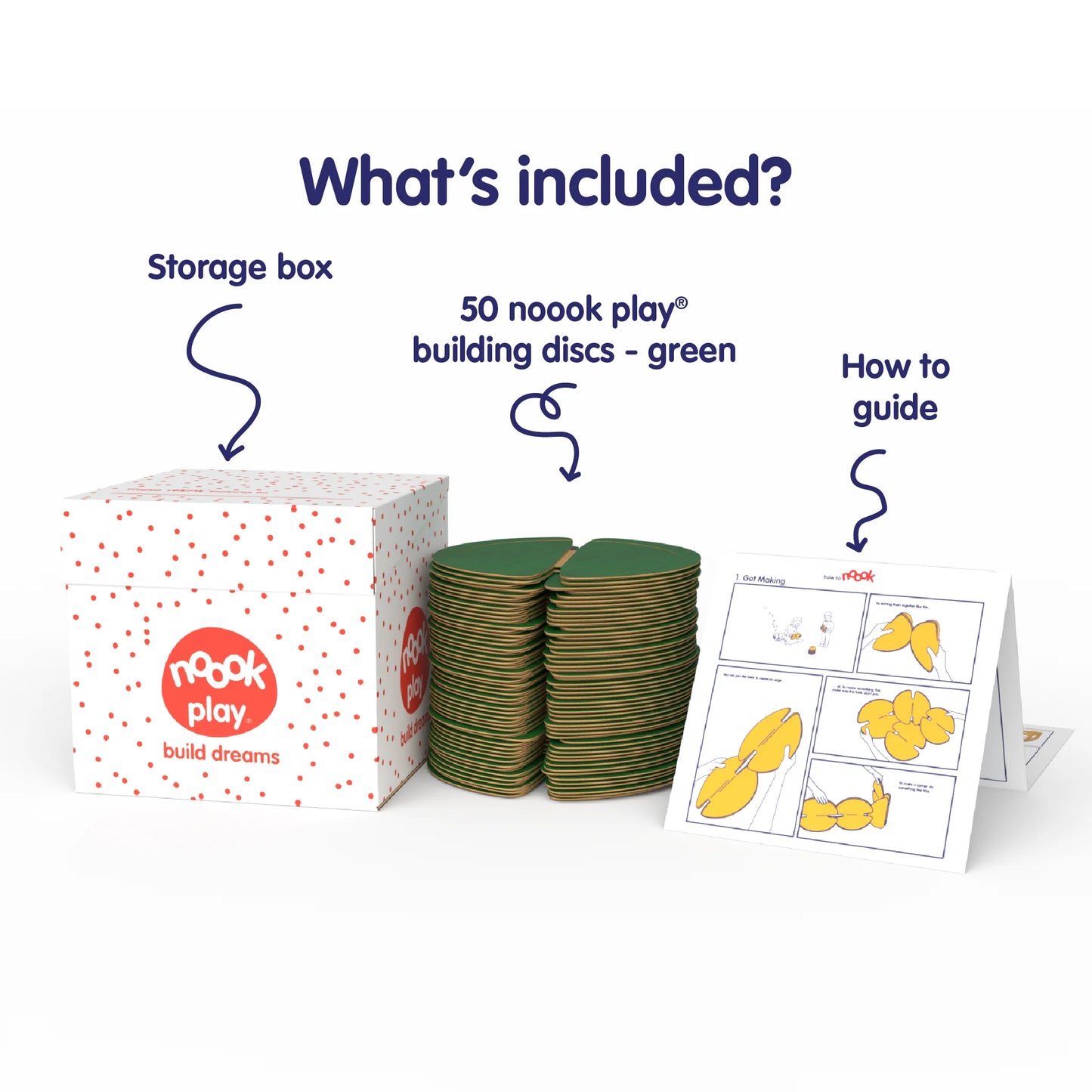 The nook play® Family Pack contains 50 building discs, a how to guide, an inspiration booklet and a storage box