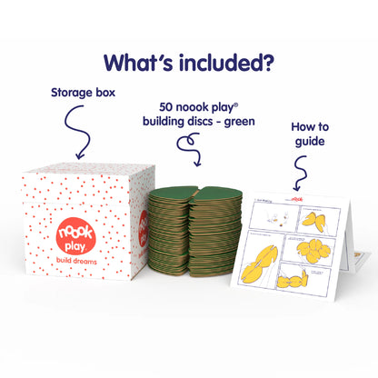 The nook play® Family Pack contains 50 building discs, a how to guide, an inspiration booklet and a storage box