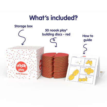 The nook play® Family Pack contains 50 building discs, a how to guide, an inspiration booklet and a storage box