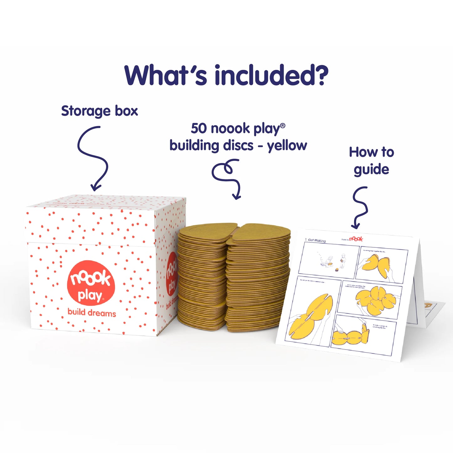 The nook play® Family Pack contains 50 building discs, a how to guide, an inspiration booklet and a storage box