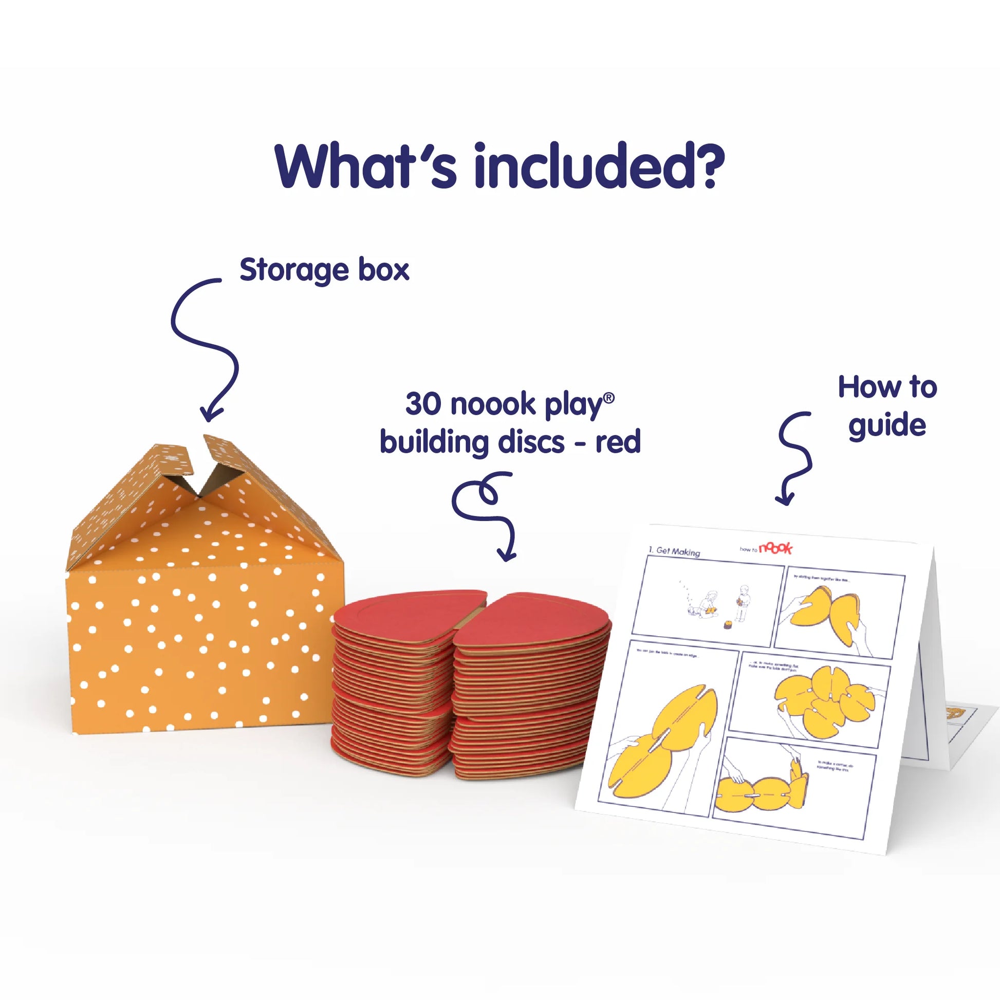 The nook play® Starter Pack contains 30 building discs, a how to guide, an inspiration booklet and a storage box