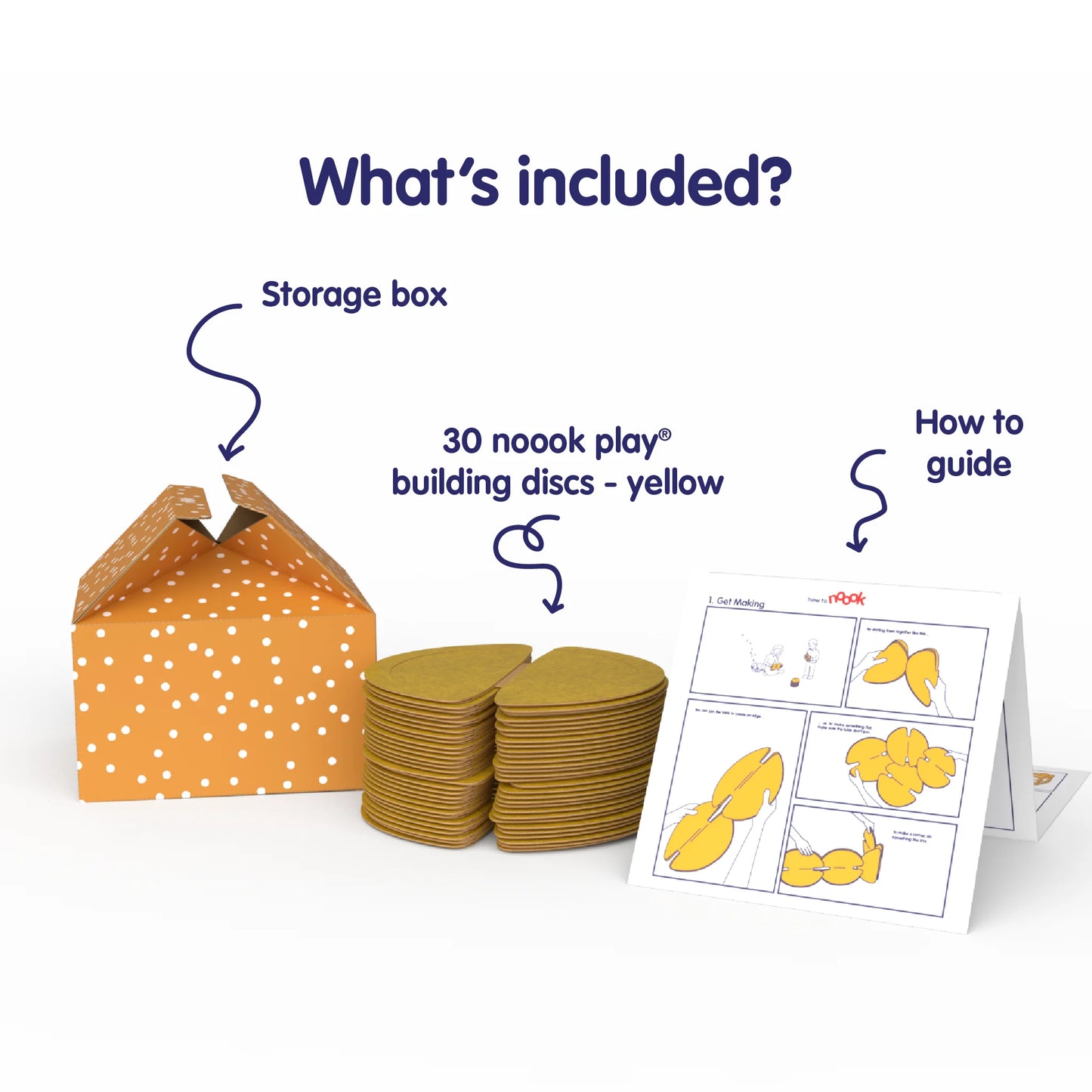 The nook play® Starter Pack contains 30 building discs, a how to guide, an inspiration booklet and a storage box