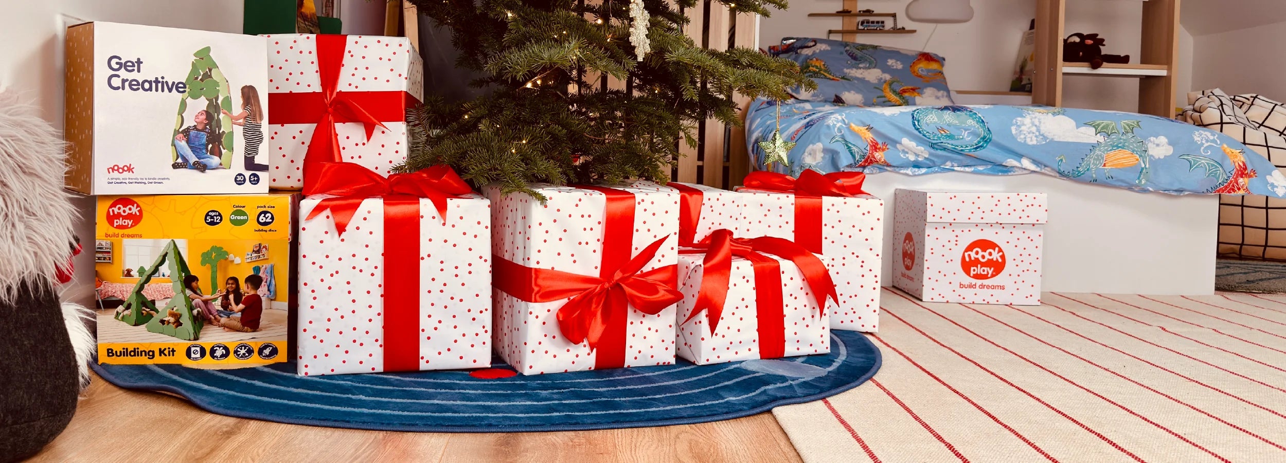 noook play® gift wrap scene showing wrapped boxes and festive accessories for thoughtful, creative gifting