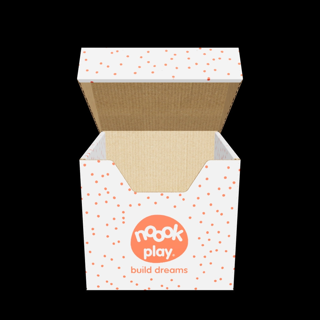 3D model of open noook play® Storage Box for 50–62 discs, showing durable, recyclable design